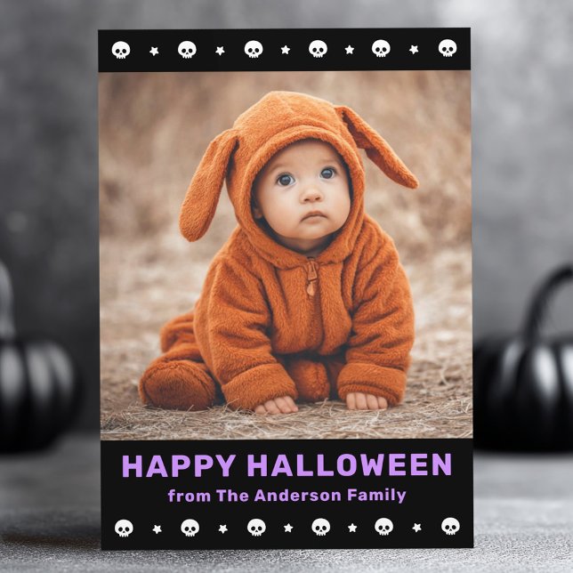 Cute skulls border and stars black Halloween photo Holiday Card (Cute skulls border and stars black Halloween photo Holiday Card)