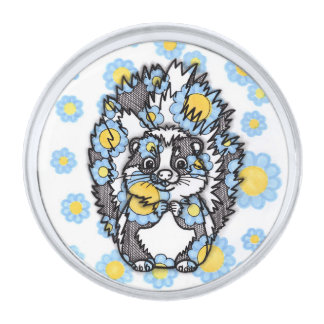Cute Skunk with Blue Flowers Round Lapel Pin