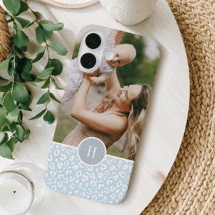 Cute Sky Blue Leopard Print Monogram & Photo iPhone 16 Case