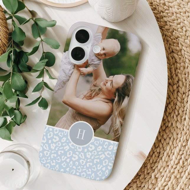 Cute Sky Blue Leopard Print Monogram & Photo Case-Mate iPhone Case (Creator Uploaded)