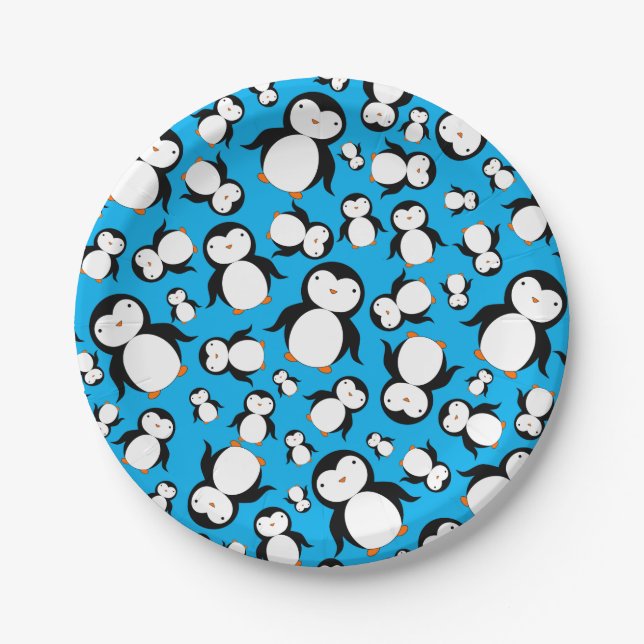 Cute sky blue penguin pattern paper plates (Front)