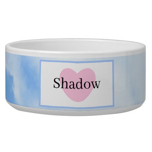 Cute Sky Blue Pink Heart with Name Pet Bowl