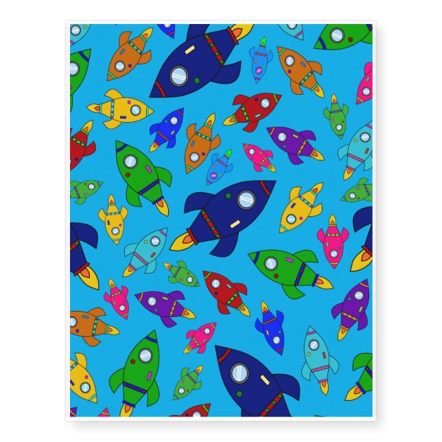 Cute sky blue rocket ships pattern temporary tattoos (Front)