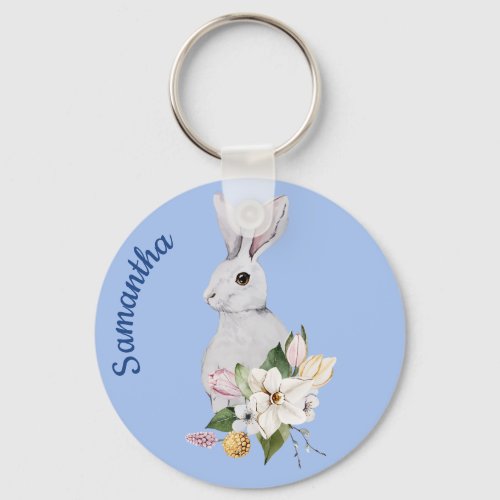 Cute Sky Blue Watercolor Easter Bunny Flowers Name Keychain