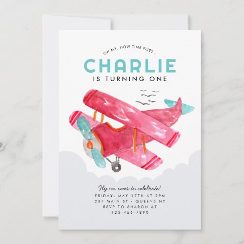 Cute Sky Cloud Watercolor Red Airplane Birthday Invitation