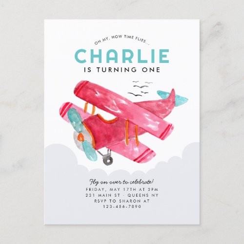 Cute Sky Cloud Watercolor Red Airplane Birthday Postcard