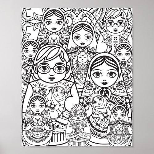 Cute Slavic Folk Art Nesting Dolls Family Coloring Poster