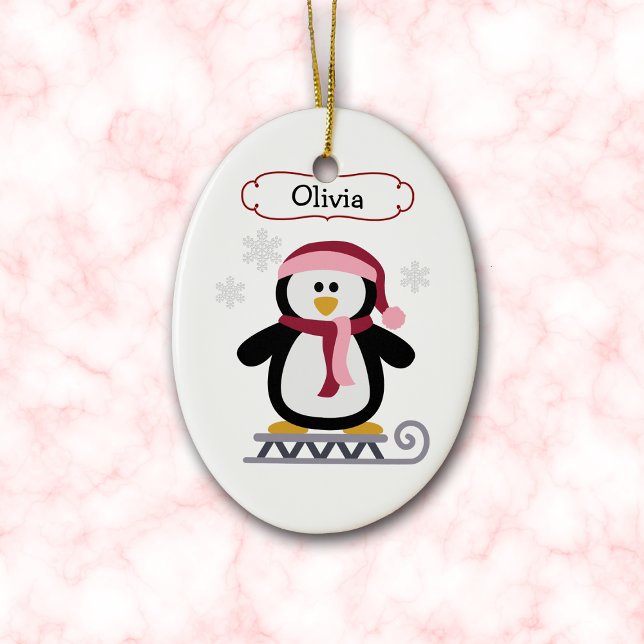 Cute Sledding Penguin Personalized Christmas Ceramic Ornament (Creator Uploaded)