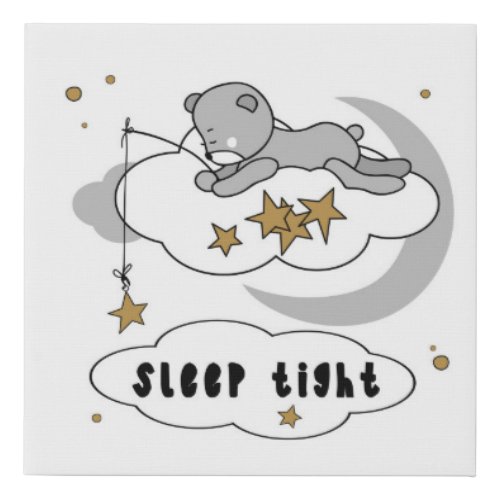 Cute Sleep Tight Teddy Bear Stars Faux Canvas Print