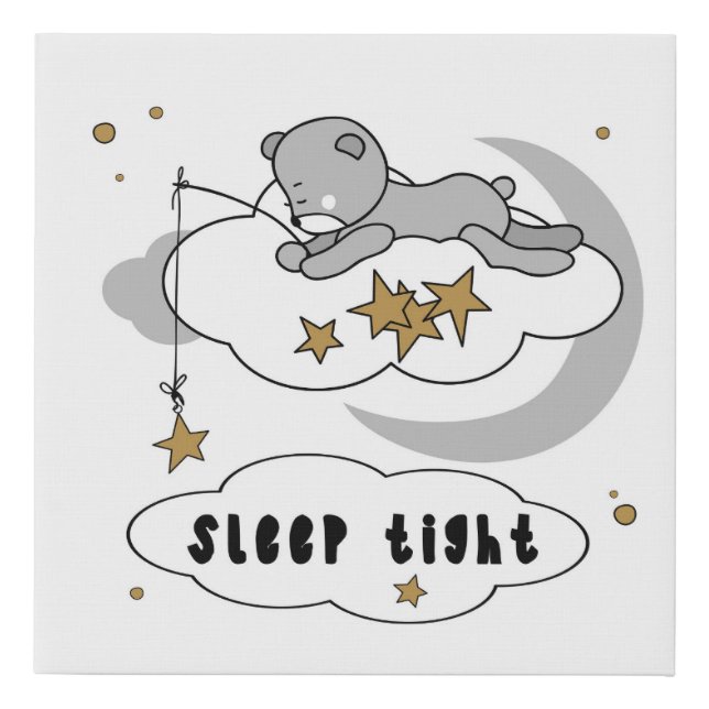 Cute Sleep Tight Teddy Bear Stars Faux Canvas Print (Front)