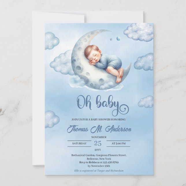 Cute sleeping baby boy over the moon Oh baby Invitation (Front)