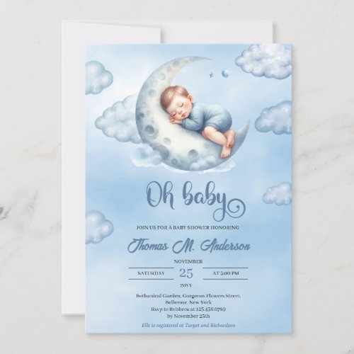 Cute sleeping baby boy over the moon Oh baby Invitation