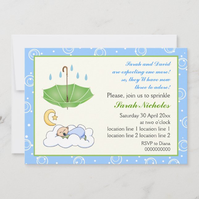 Cute sleeping baby boy sprinkle blue and green invitation (Front)