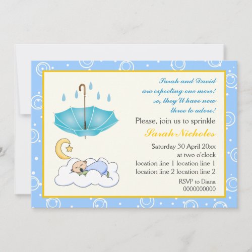 Sleeping baby boy sprinkle blue yellow invitation