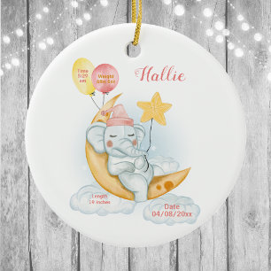 Cute Sleeping Baby Elephant Birth Stats Ceramic Ornament