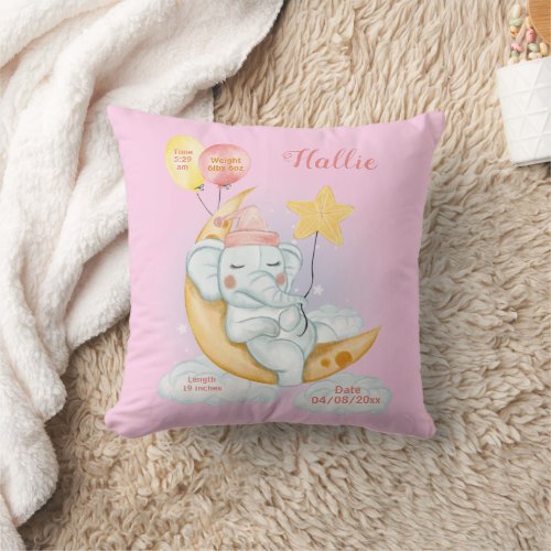 Cute Sleeping Baby Elephant Birth Stats Pink Throw Pillow