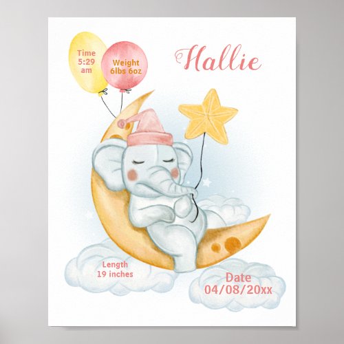 Cute Sleeping Baby Elephant Birth Stats Poster