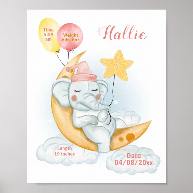Cute Sleeping Baby Elephant Birth Stats Poster (Front)