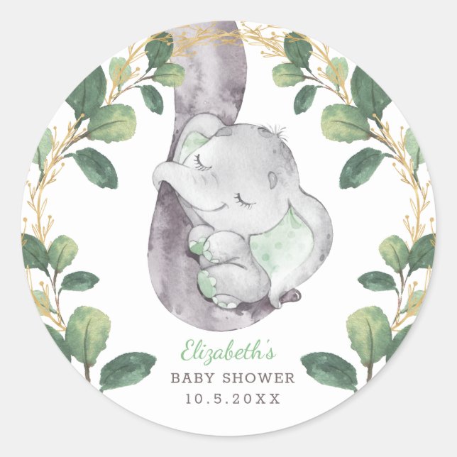 Cute Sleeping Baby Elephant Greenery Gold Shower Classic Round Sticker (Front)