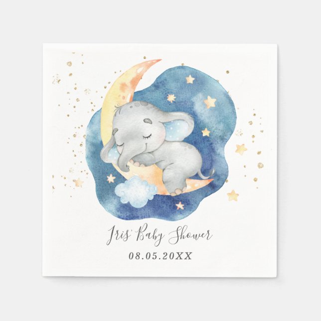 Cute Sleeping Baby Elephant Moon Star Boy Shower Napkins (Front)