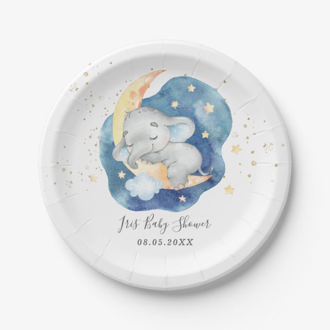 Cute Sleeping Baby Elephant Moon Star Boy Shower Paper Plates (Front)