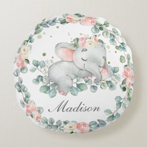 Cute Sleeping Baby Elephant Pink Floral Greenery Round Pillow