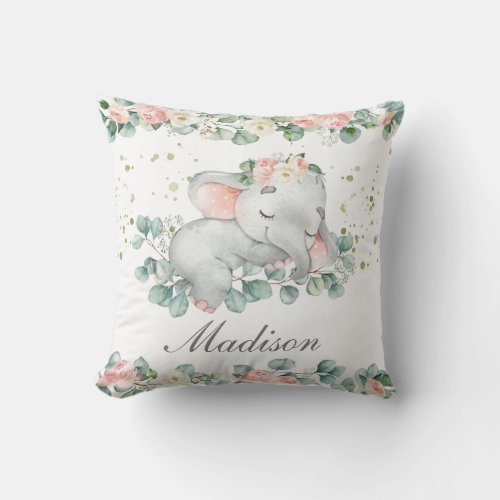 Cute Sleeping Baby Elephant Pink Floral Greenery Throw Pillow