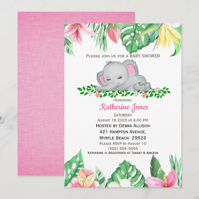 Cute Sleeping Baby Elephant Tropical Flowers   Invitation (Front/Back)