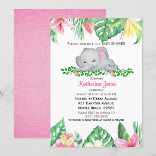 Cute Sleeping Baby Elephant Tropical Flowers   Invitation