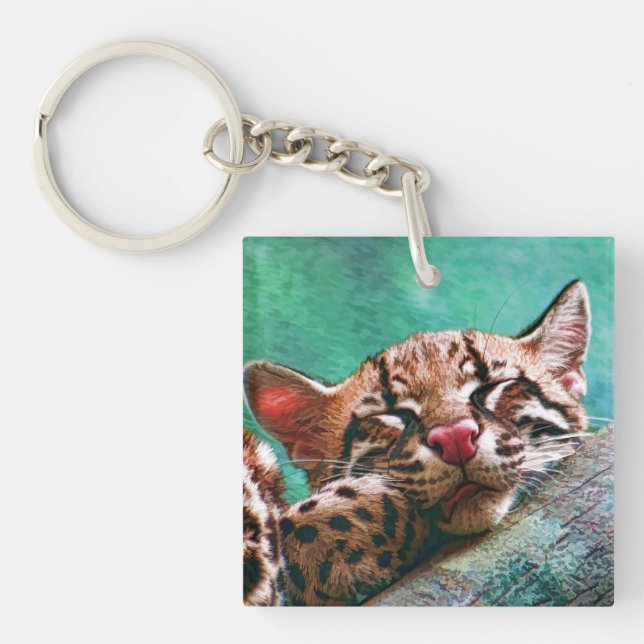 Cute Sleeping Baby Ocelot Kitten Keychain (Front)
