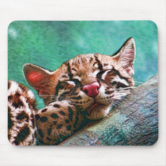 Cute Sleeping Baby Ocelot Kitten Mouse Pad (Front)