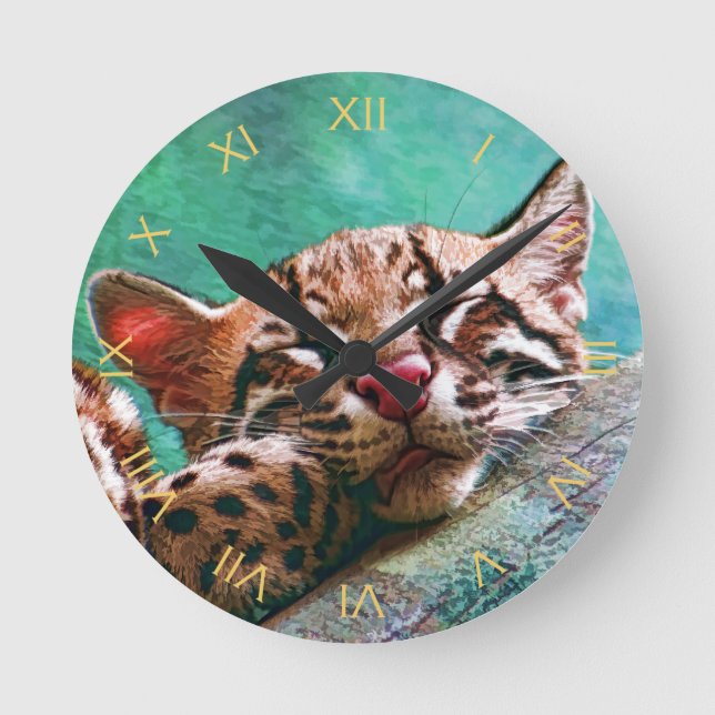 Cute Sleeping Baby Ocelot Kitten Round Clock (Front)