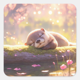 Cute Sleeping Baby Otter on Mossy Log Square Sticker