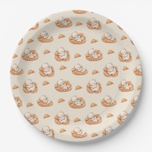 Cute Sleeping Bear in Croissant Beds Paper Plates