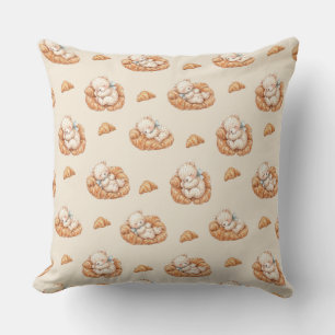 Cute Sleeping Bear in Croissant Beds Throw Pillow
