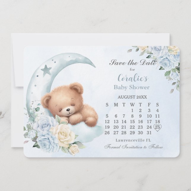 Cute Sleeping Bear Moon Blue Floral Baby Shower Save The Date (Front)