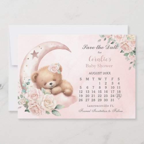 Cute Sleeping Bear Moon Blush Floral Baby Shower Save The Date