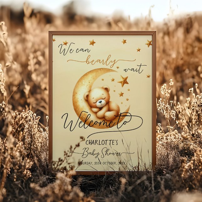 Cute Sleeping Bear On Moon Baby Shower Welcome Poster (Creator Uploaded)