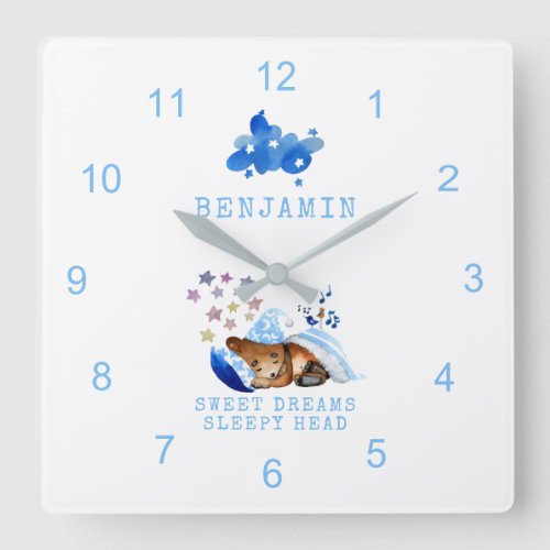 Cute Sleeping Bear Sweet Dreams Sleepy Head Boy Square Wall Clock