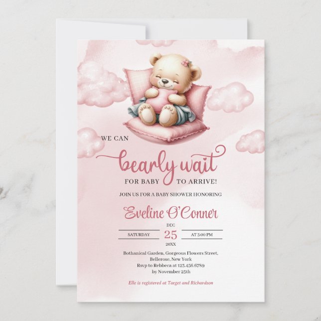 Cute sleeping bear we can bearly wait for baby invitation (Front)