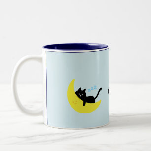 Cute Sleeping Black Cat on Moon Pastel Blue Coffee Two-Tone Coffee Mug
