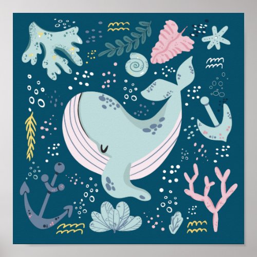 Cute Sleeping Blue Whale Underwater Doodle Poster