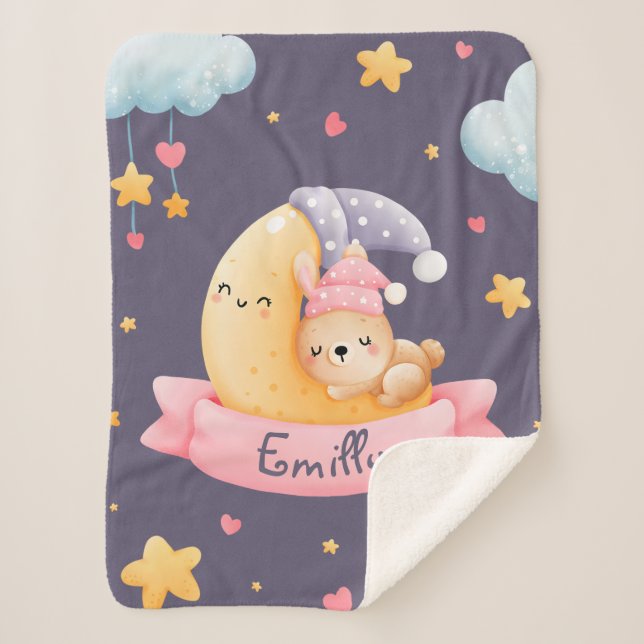 Cute Sleeping Bunny Girl Moon Night Sky Sherpa Blanket (Front)