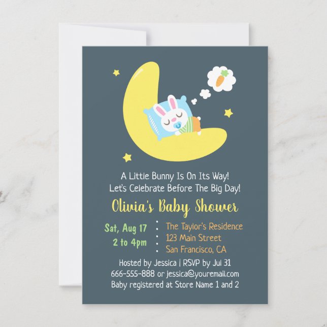 Cute Sleeping Bunny on Moon Baby Shower Invitation (Front)