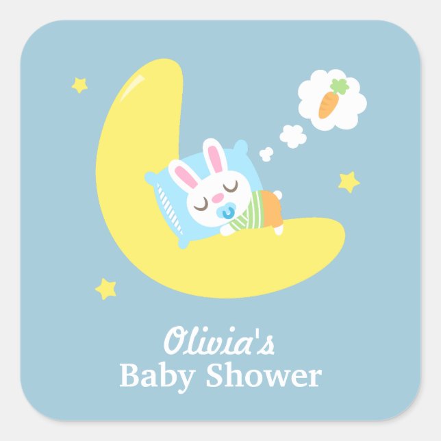 Cute Sleeping Bunny on Moon Baby Shower Square Sticker (Front)