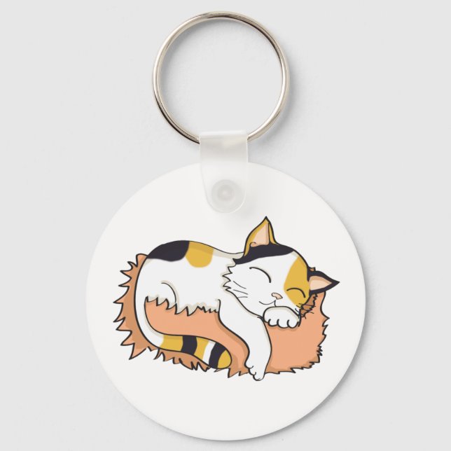 Cute Sleeping Calico Cat Keychain (Front)