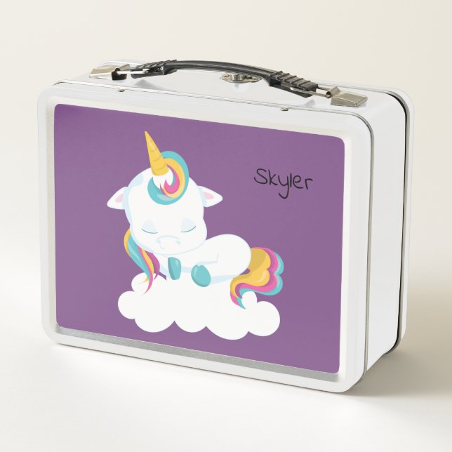 Cute Sleeping Cartoon Unicorn Metal Lunch Box (Back)