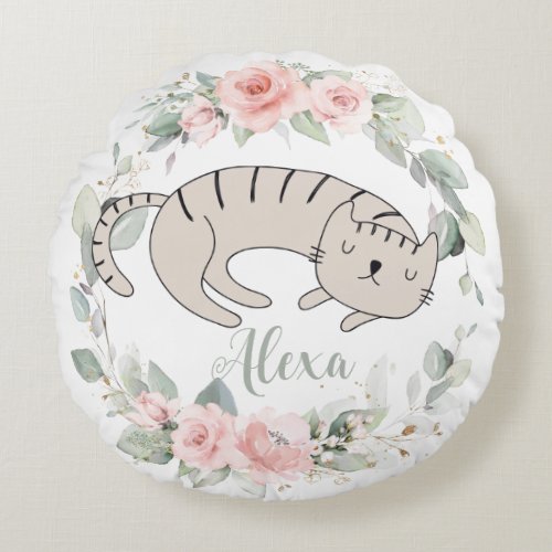 Cute Sleeping Cat Blush Pink Floral  Round Pillow