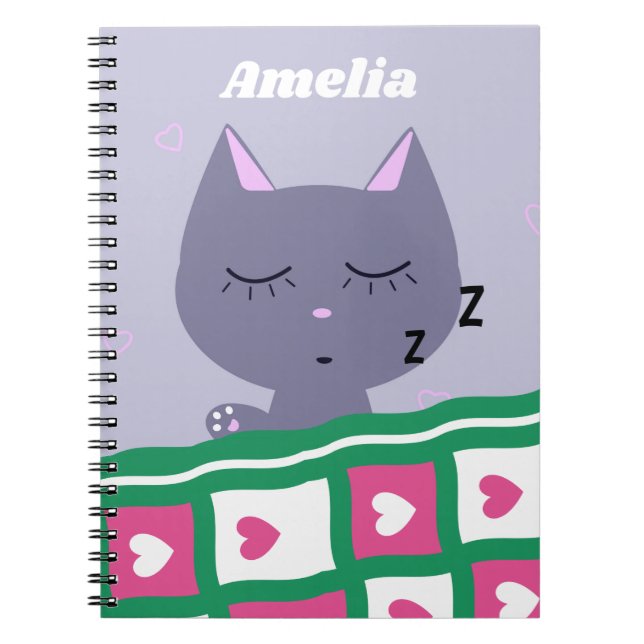 Cute Sleeping Cat in Bed Personalised Notebook (Front)
