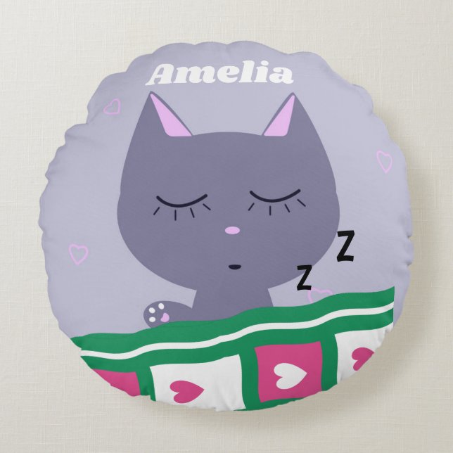 Cute Sleeping Cat in Bed Personalised Round Pillow (Front)